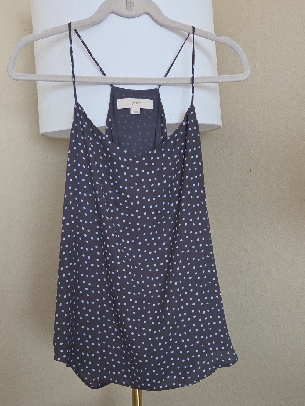 LOFT Womans Strappy Polka Top In Grey And Light Blue Dots.